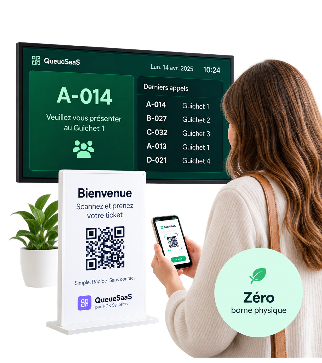 QueueSaaS - Solution de gestion de files d'attente sur écran TV, stand QR code et smartphone
